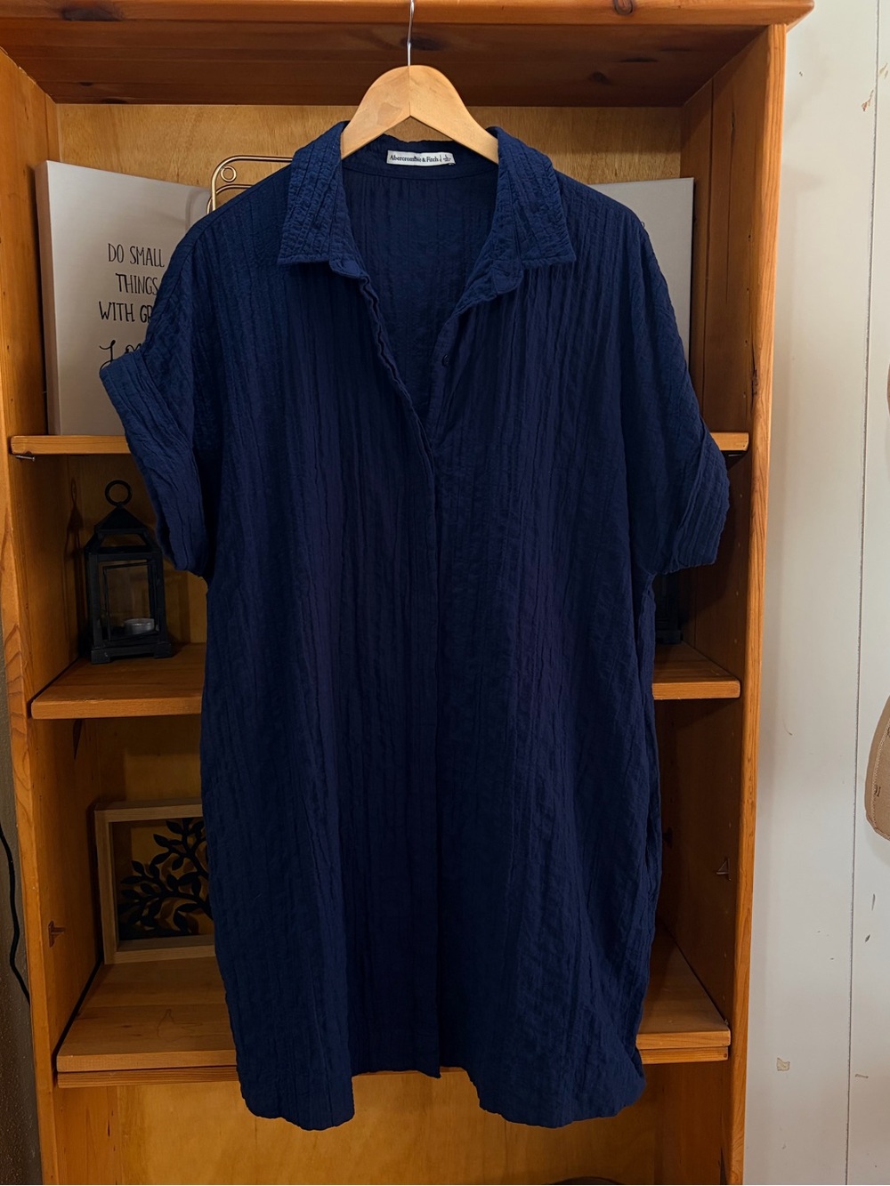 Abercrombie And Fitch Navy Blue Textured Cotton Mini Dress Size L Minimalist - Picture 3 of 8